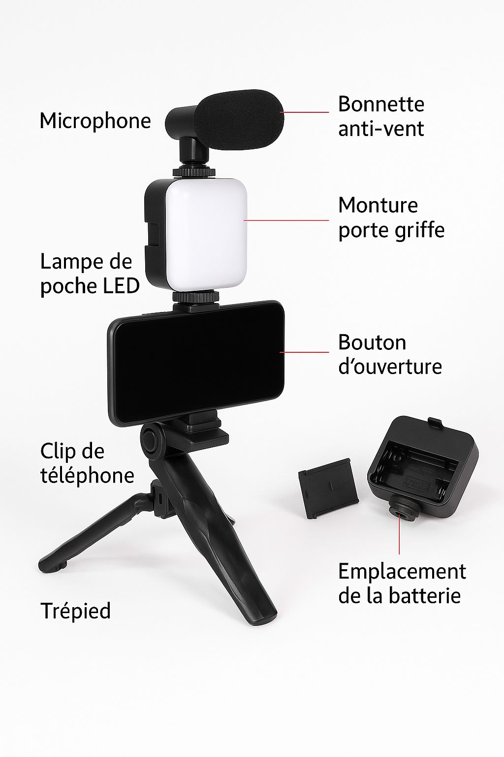 Kit Vlogging Complet avec Trépied, Microphone, Lampe LED et Support Smartphone