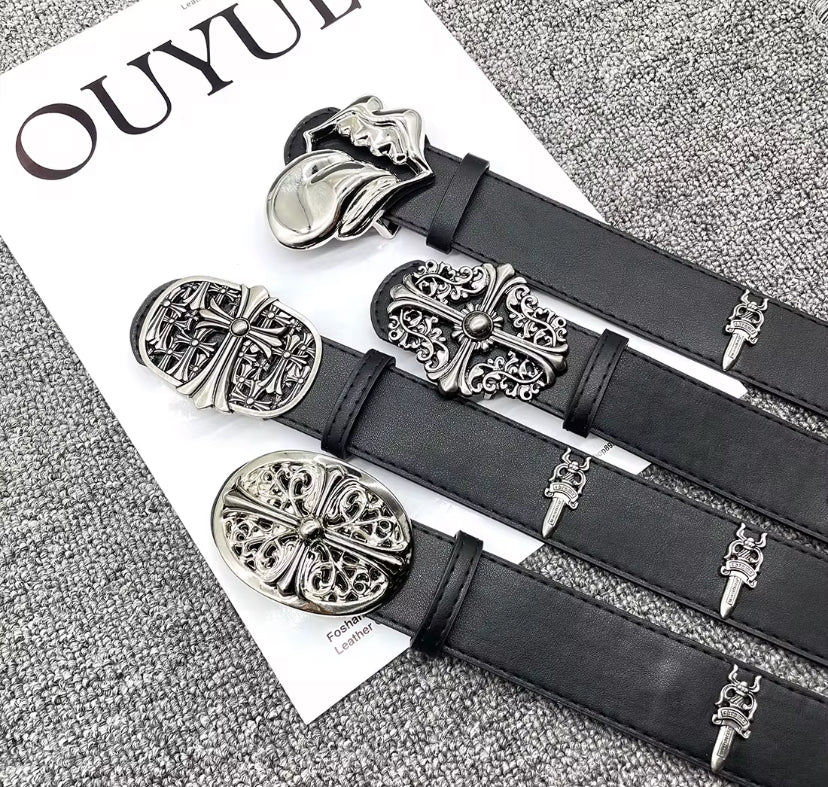 Ceintures en cuir noir avec boucles en métal sculpté – Style gothique & vintage