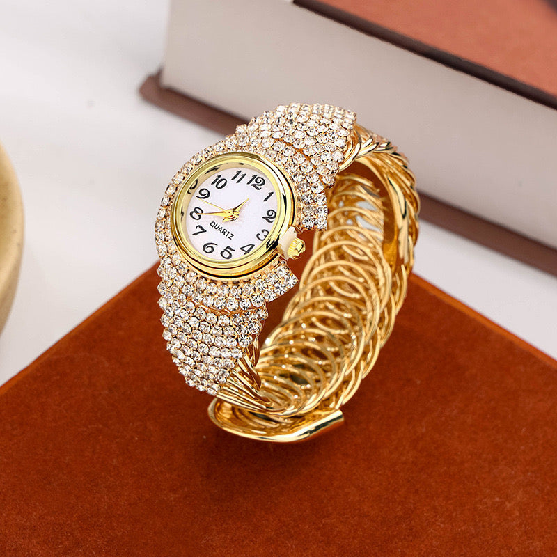 Montre Bracelet Femme Luxe – Doré & Strass avec Boîtier