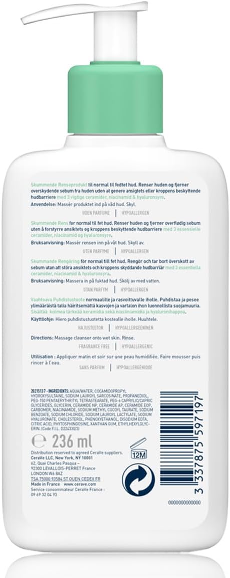 Cerave Foaming Cleanser for Normal to Oily Skin with Hyaluronic Acid