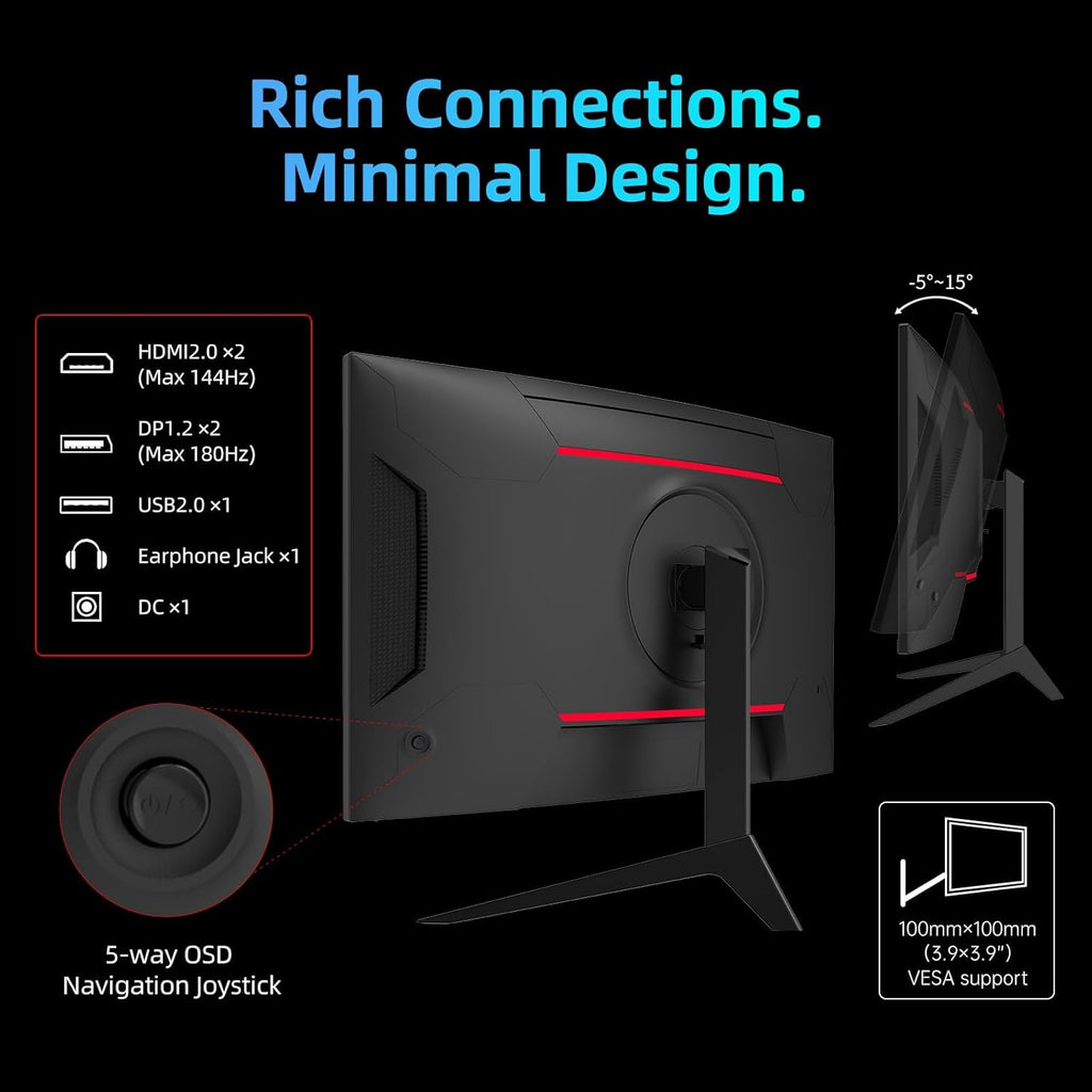 KTC 27 inch 180Hz Curved WQHD Gaming Monitor, 2K(2560x1440P),144Hz Monitor, 1500R HVA Display, FreeSync Premium, HDR, 120% sRGB, DisplayPort/HDMI/USB Vesa,Computer Monitor for Gamers