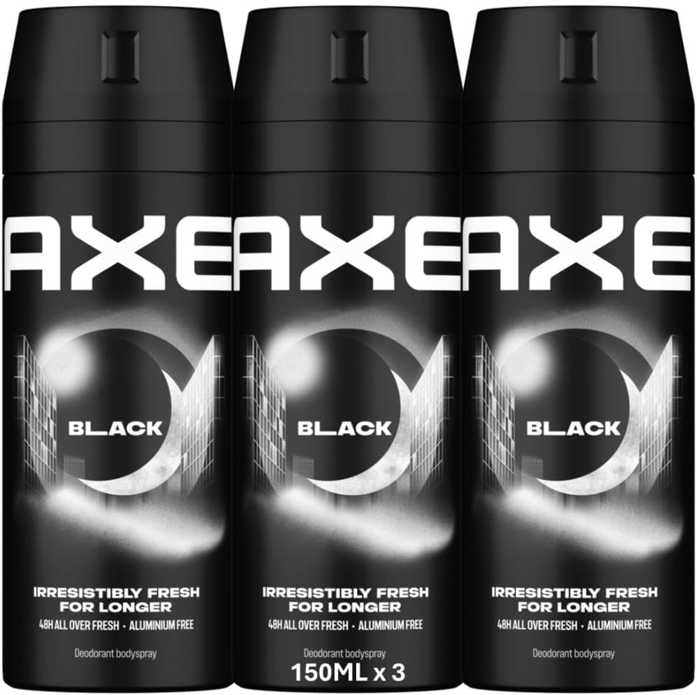 AXE Men Deodorant Body Spray, Irresistibly Fresh for Longer, Black, 48H All Over Fresh, Aluminium Free, 150ml x 3