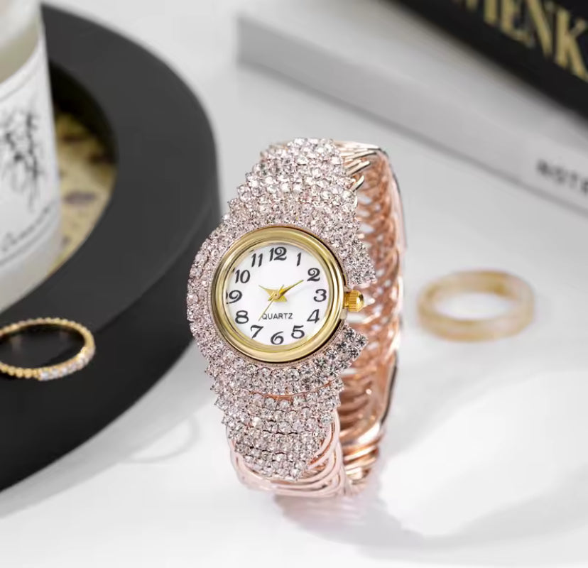 Montre Bracelet Femme Luxe – Doré & Strass avec Boîtier