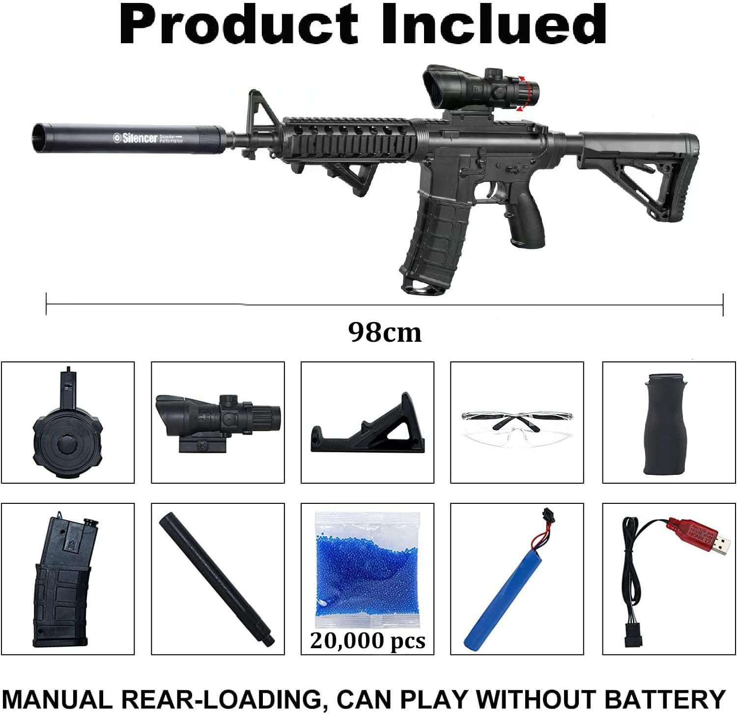 Toy Gun Blasters with 20000 Bullets, Long Range Shooting, with Attachments, 2 Mode Splatter Blaster for Outdoor Activities and Shooting Team Game (M4A1Black B)
