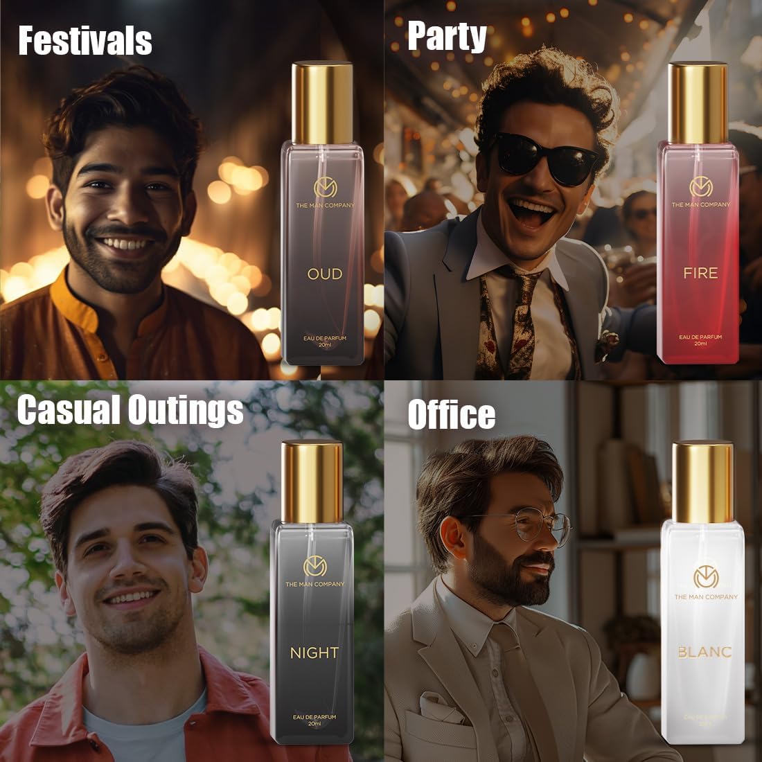 The Man Company Specially Curated Perfume Gift Set for Men 4 * 20ml - A Gentleman’s Moods | Premium Long-Lasting Fragrance | Luxury EAU DE Parfum | Night for Date |Blanc for Office|Fire for Party