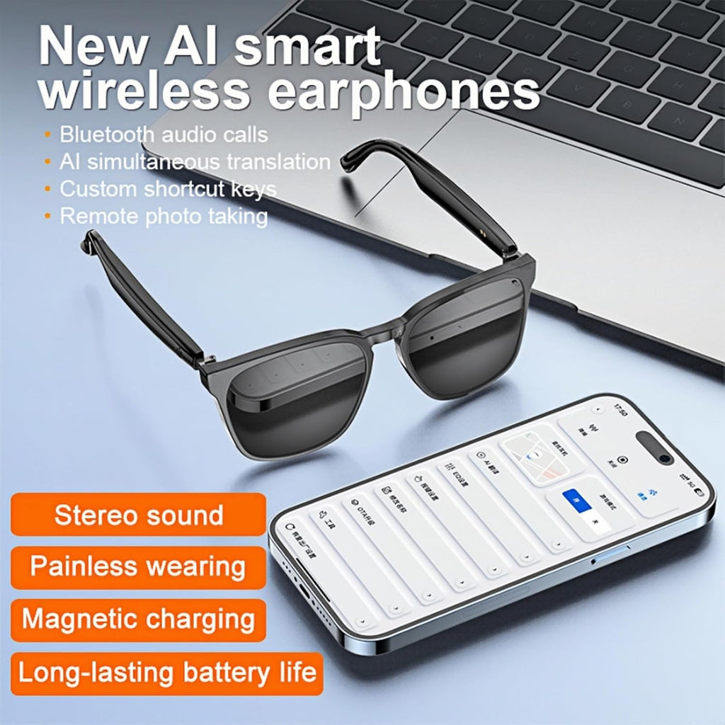 AI Smart Glasses with 140-Language Translation - Bluetooth Glasses for Music/Calls, Color-Changing Lenses, Men & Women (Travel & Business Meetings, Black)