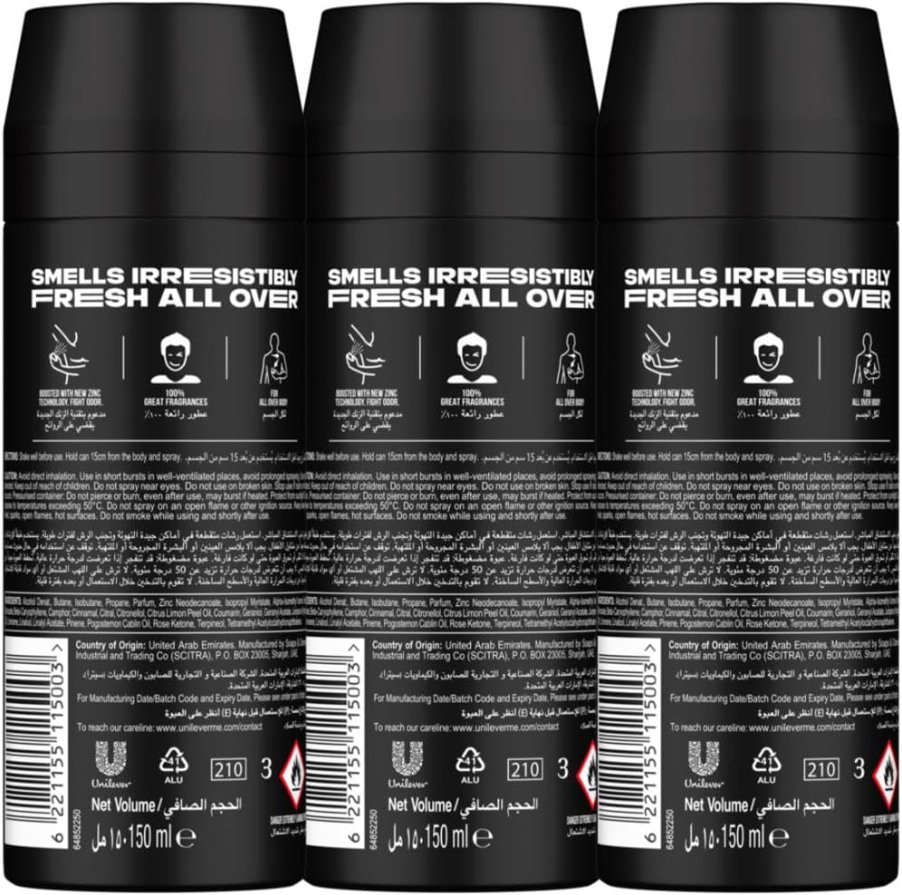 AXE Men Deodorant Body Spray, Irresistibly Fresh for Longer, Black, 48H All Over Fresh, Aluminium Free, 150ml x 3