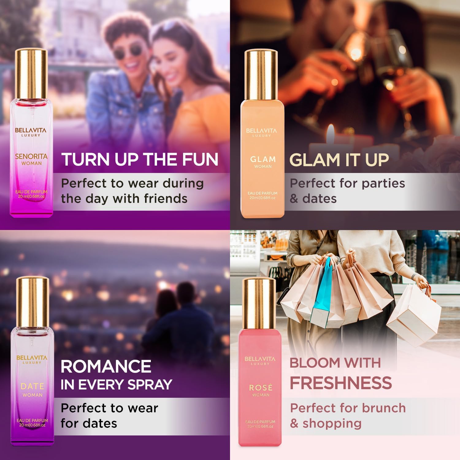 BellaVita Luxury Perfume Gift Set for Women | Includes DATE, Senorita, GLAM, ROSE Perfumes | Floral, Fruity & Savoury Long Lasting Scents | Gift Set for Women | Special Womens Collection (4x20ml)