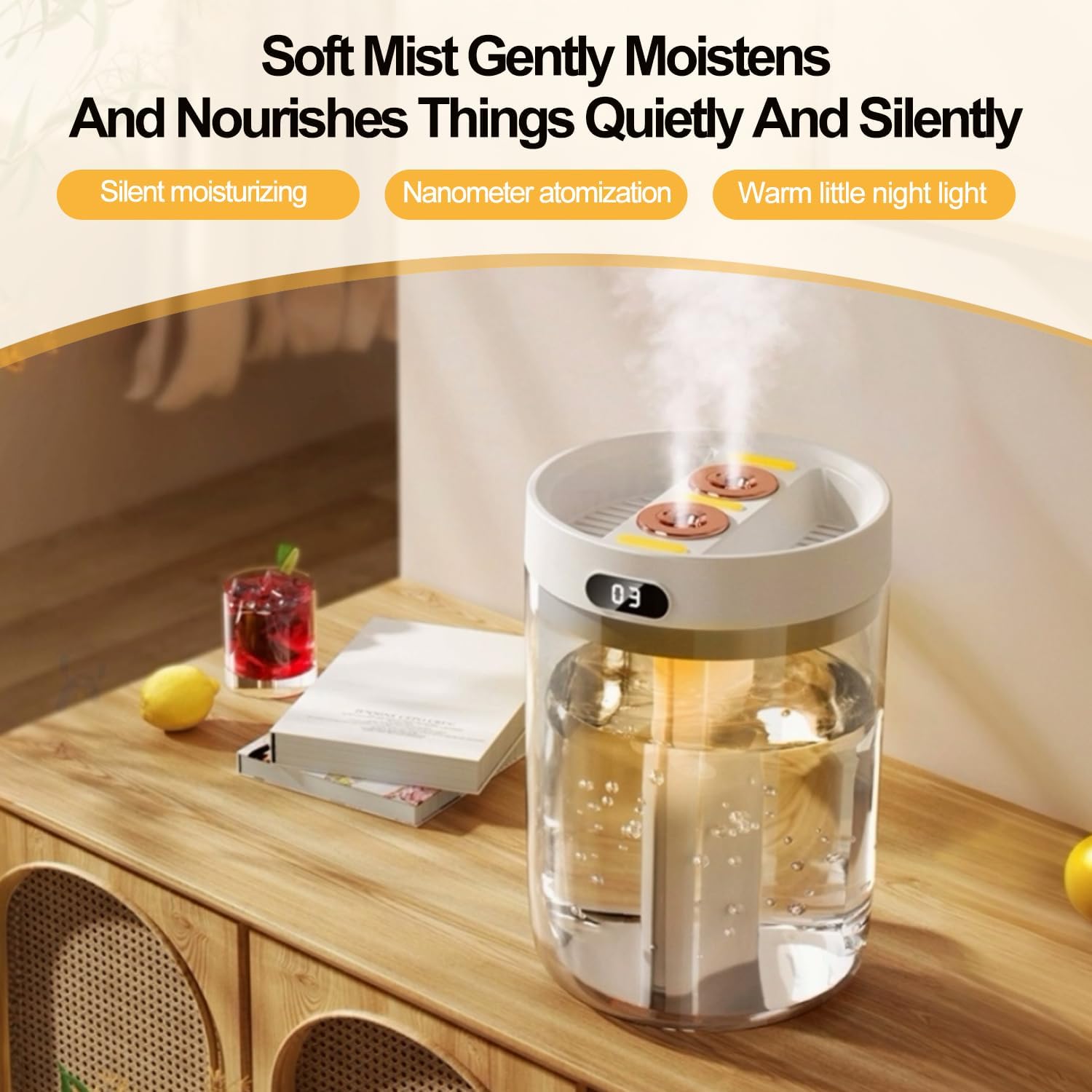 Humidifier for Large Room,1.5L Air Humidifier with humidity display and Lighting,USB Quiet Cool Mist Humidifier,Auto Shut-Off, Suitable for Home, Bedroom, Baby Room, Office,Home Humidifiers