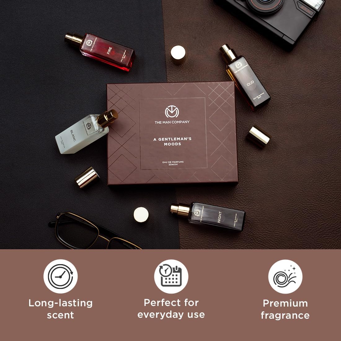 The Man Company Specially Curated Perfume Gift Set for Men 4 * 20ml - A Gentleman’s Moods | Premium Long-Lasting Fragrance | Luxury EAU DE Parfum | Night for Date |Blanc for Office|Fire for Party