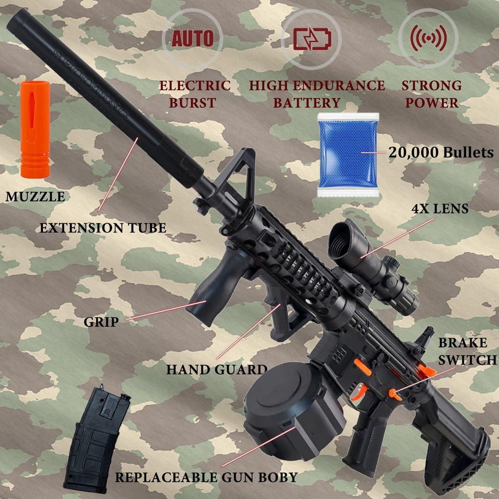 Toy Gun Blasters with 20000 Bullets, Long Range Shooting, with Attachments, 2 Mode Splatter Blaster for Outdoor Activities and Shooting Team Game (M4A1Black B)