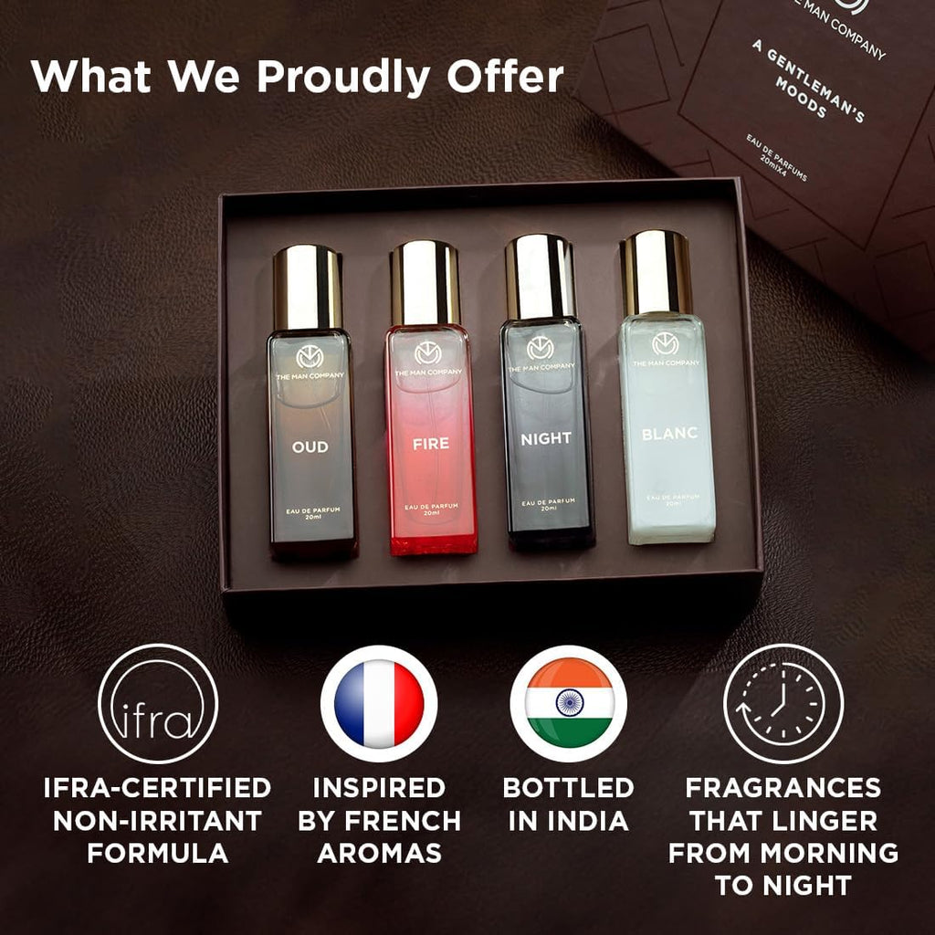 The Man Company Specially Curated Perfume Gift Set for Men 4 * 20ml - A Gentleman’s Moods | Premium Long-Lasting Fragrance | Luxury EAU DE Parfum | Night for Date |Blanc for Office|Fire for Party