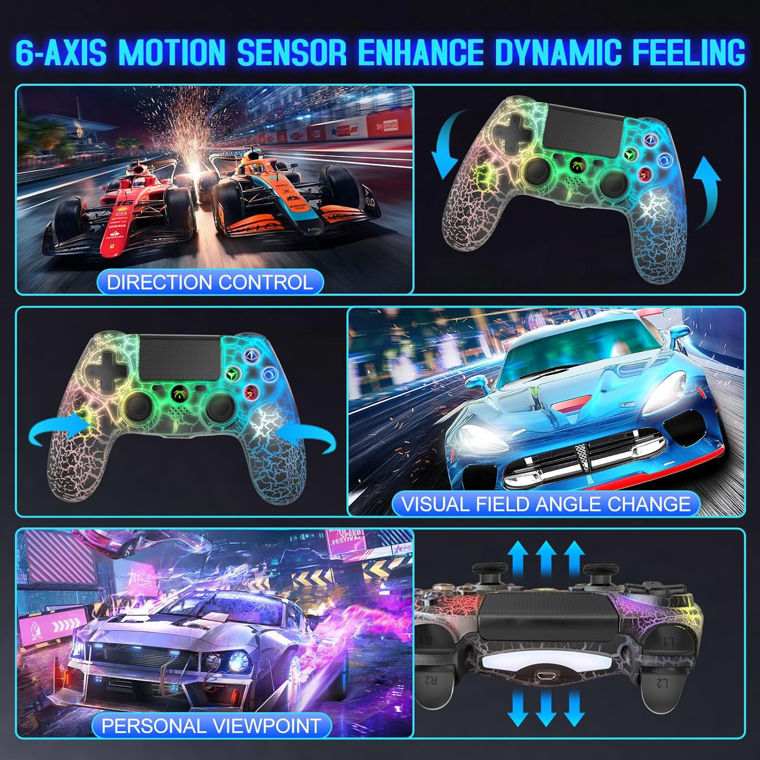 DYONDER Wireless Controller for PS4/PC/iOS, Wireless Remote Gamepad with Unique Cracked Design/Dual Vibration/6-Axis Motion Sensor/Audio Function(Black)