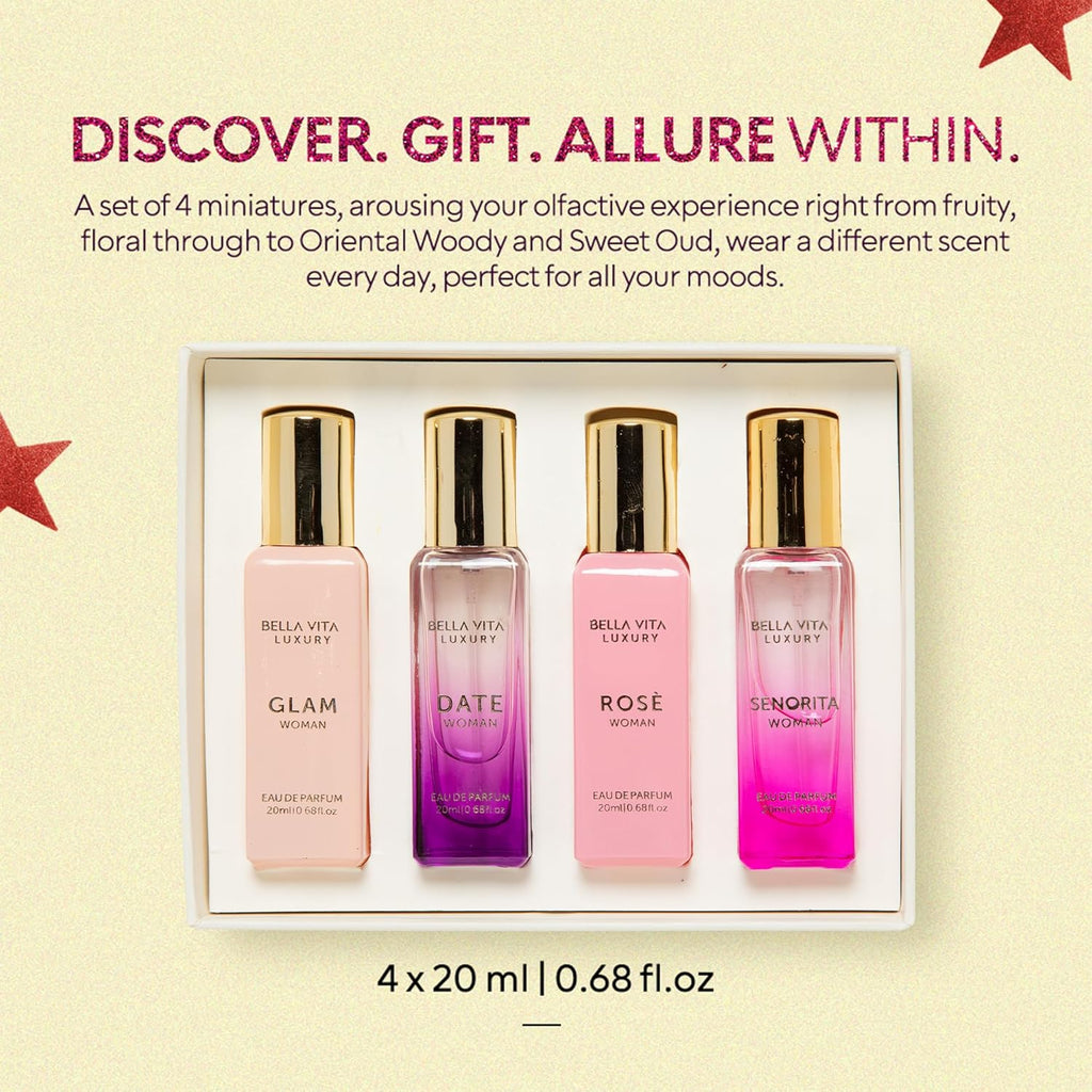 BellaVita Luxury Perfume Gift Set for Women | Includes DATE, Senorita, GLAM, ROSE Perfumes | Floral, Fruity & Savoury Long Lasting Scents | Gift Set for Women | Special Womens Collection (4x20ml)