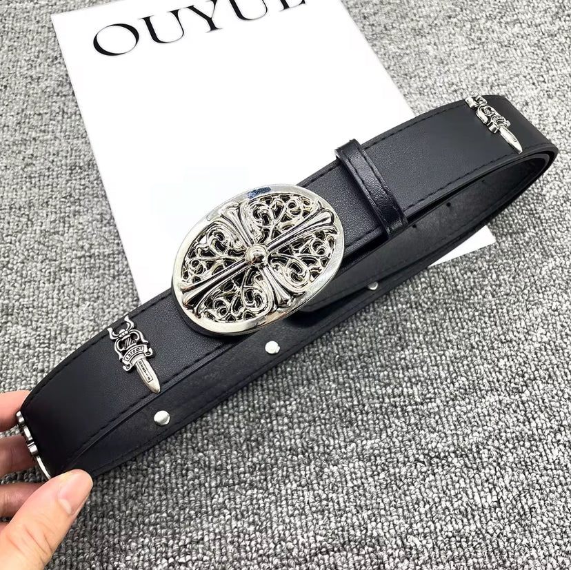 Ceintures en cuir noir avec boucles en métal sculpté – Style gothique & vintage
