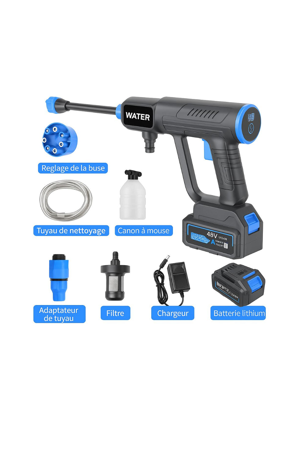 Nettoyeur Haute Pression Portable 50Bars/96H - Sans Fil avec Batterie Lithium