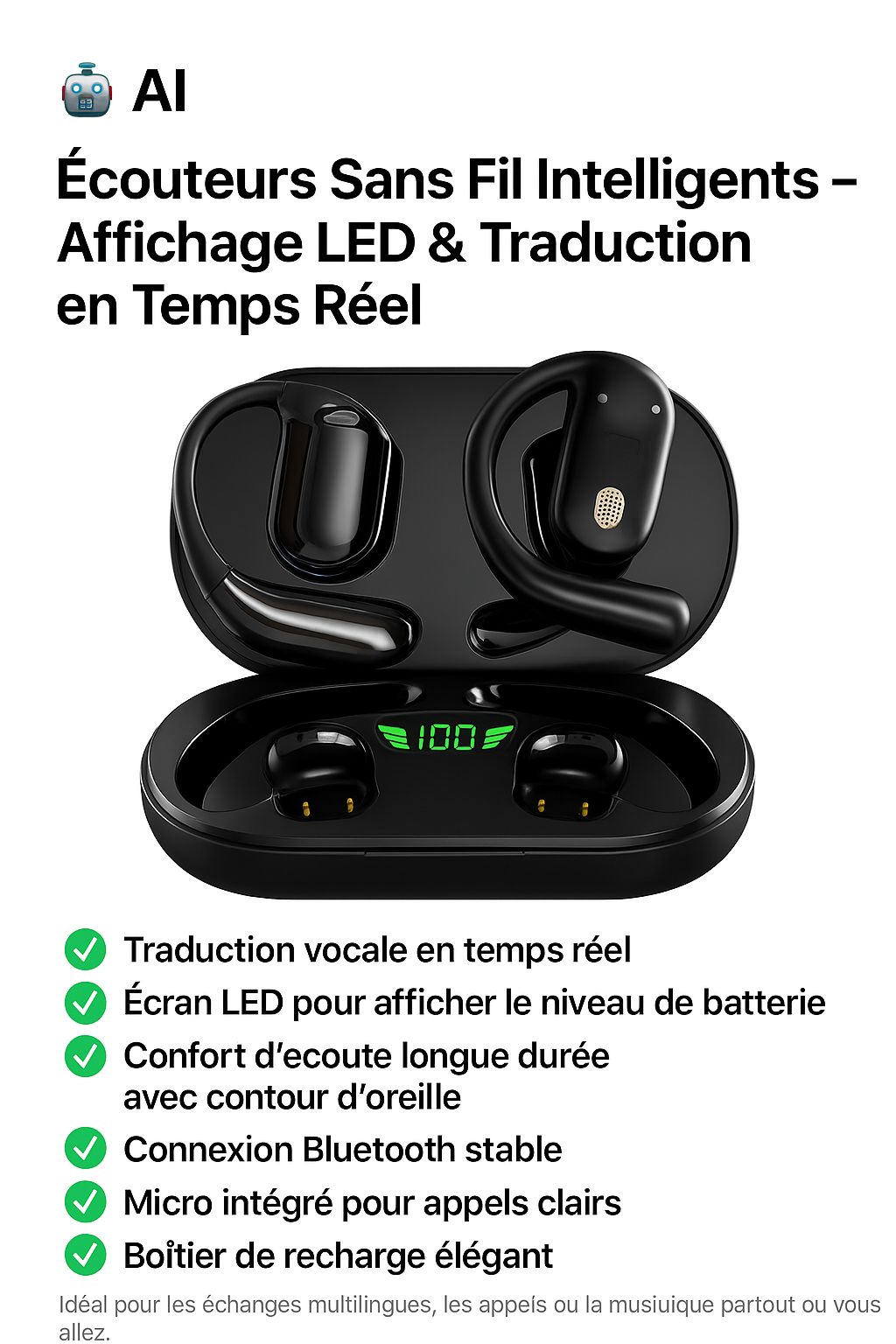 Écouteurs Sans Fil Intelligents – Affichage LED & Traduction en Temps Réel