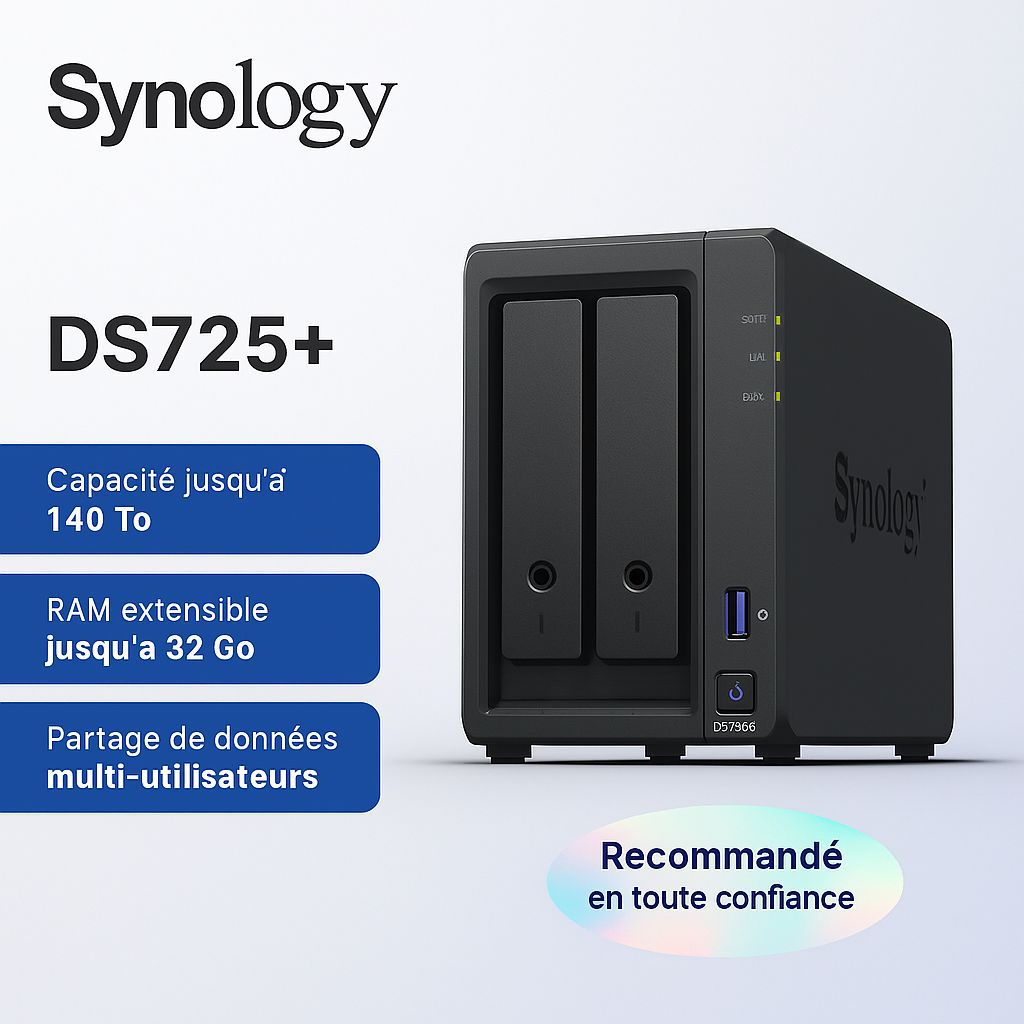 Serveur NAS Synology DS725+ (sans disque) – Boîtier 2 baies haute performance