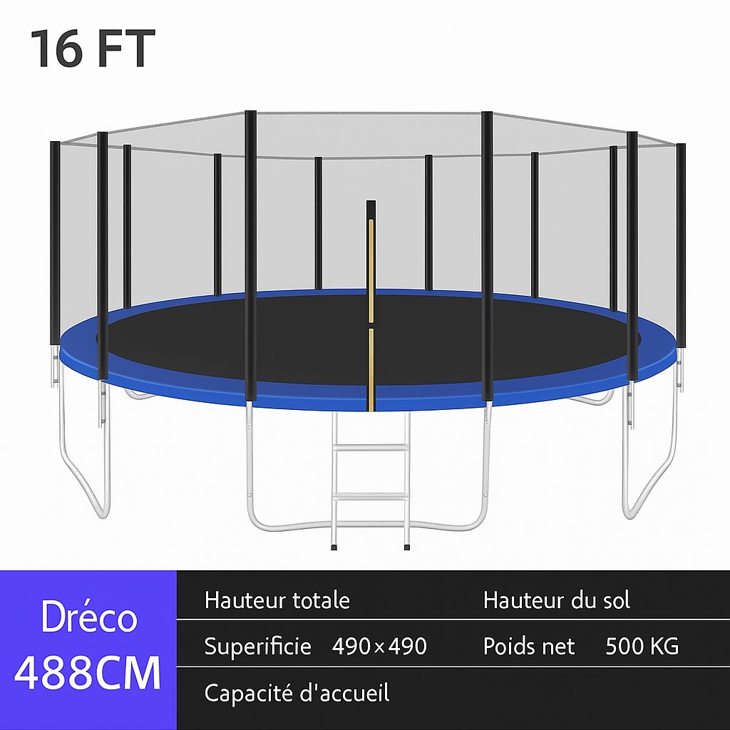 Trampoline Extérieur 16FT avec Filet de Sécurité – Ø 4.88 m