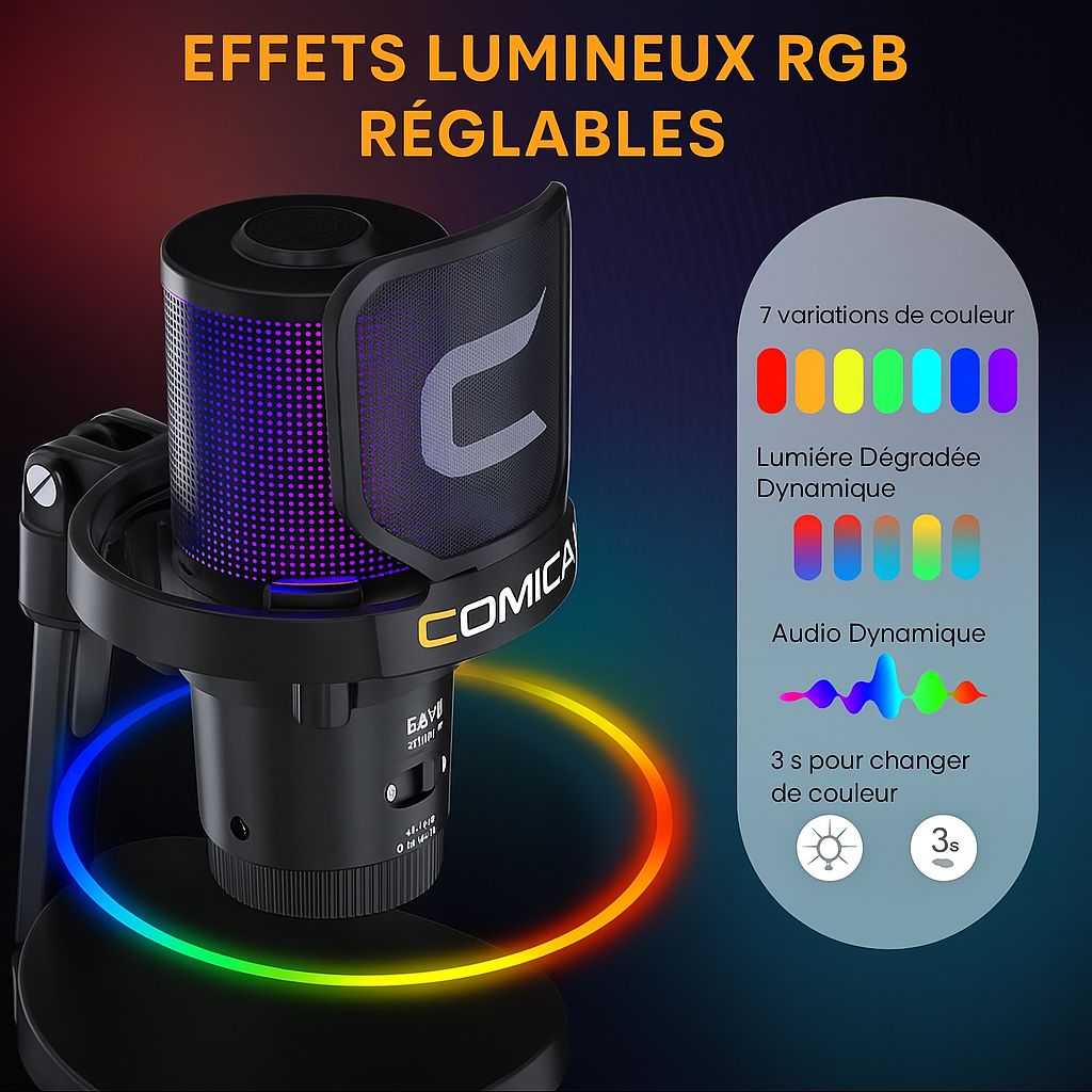 Microphone COMICA RGB - Son Clair & Effets Lumineux Personnalisables