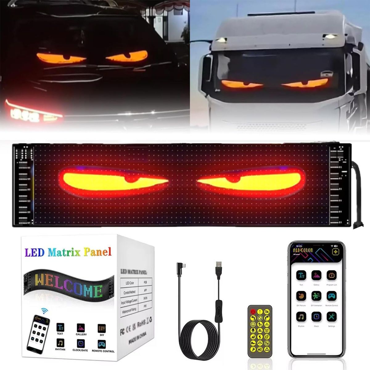Écran LED Effet "Yeux de Démon" pour Pare-brise ou Lunette Arrière de Voiture